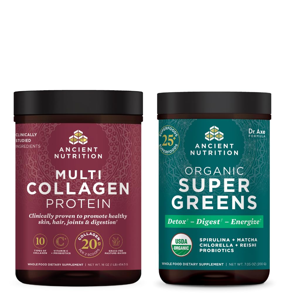 Nutrição antiga Super Verdes Orgânicos Pó, 25 Servings + Pó de proteína de colágeno multi, sem sabor, 45 Servings