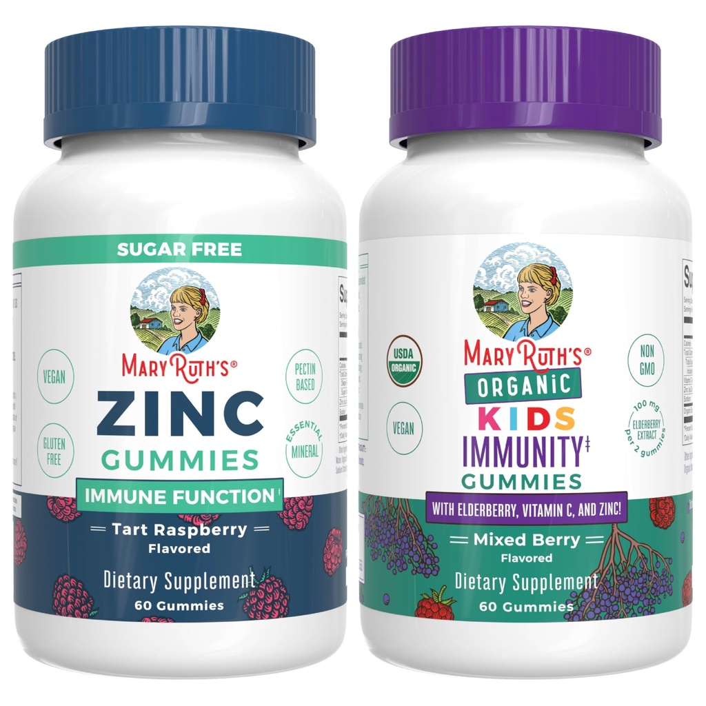 MaryRuth Organics Zinc (Tart Framboesa) & Kids Immunity Gummies (Mistured Berry)