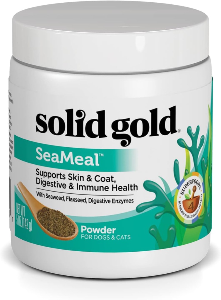 Solid Gold Cat & Dog Multivitamin Powder - Kelp Powder, Omega 3 & Vitaminas para Dental, Digestivo, Imune, Pele & Revestimento Saúde - Multi Vitamina para cães e gatos - Cat & Dog Food Aditive Supplement - 5 onças