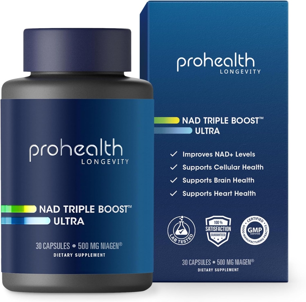 ProHealth NAD Triple Boost Ultra + 500mg Niagen NR. 3X NAD+ Optimizer Plus Apigenin, PQQ, Quercetin. Promove a Longevidade, Saúde do Coração e do Cérebro, Ativa Sirtuínas para Reparação Celular (30 Servões)