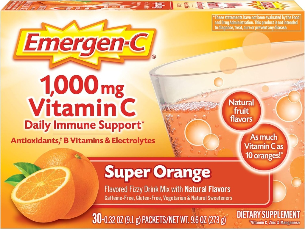 Emergen-C 1000mg Vitamina C pó para suporte imunológico diário Suplementos de vitamina C gratuitos de cafeína com zinco e manganês, Super sabor laranja - 30 Conde