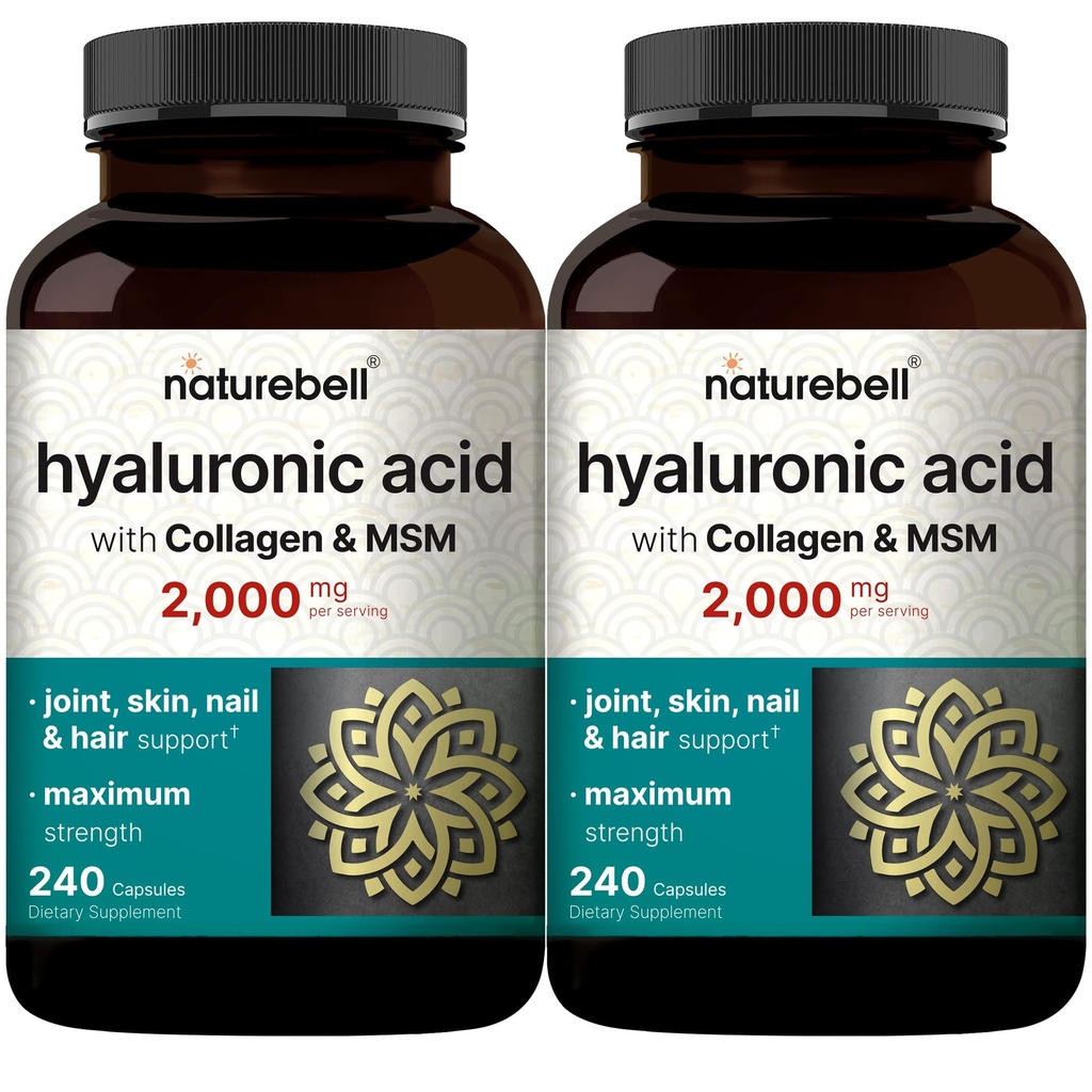 NatureBell 2 Pack Suplementos de ácido hialurônico 2.000 mg        , 480 Cápsulas totais, com HSH & Colágeno Bovinos Hidrolisados – 3 em 1 Suporte para hidratação da pele, lubrificação articular, cabelo e saúde ocular