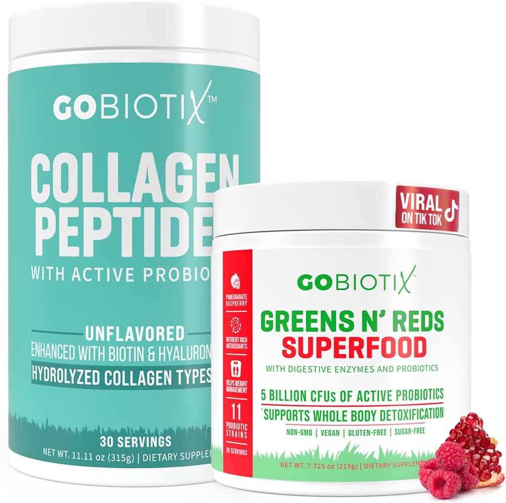 GOBIOTIX Super Verdes & Colagen Bundle - Vitalidade Aumentar com espirulina orgânica e cabelo-pele-nails Suporte - 30 Serve cada