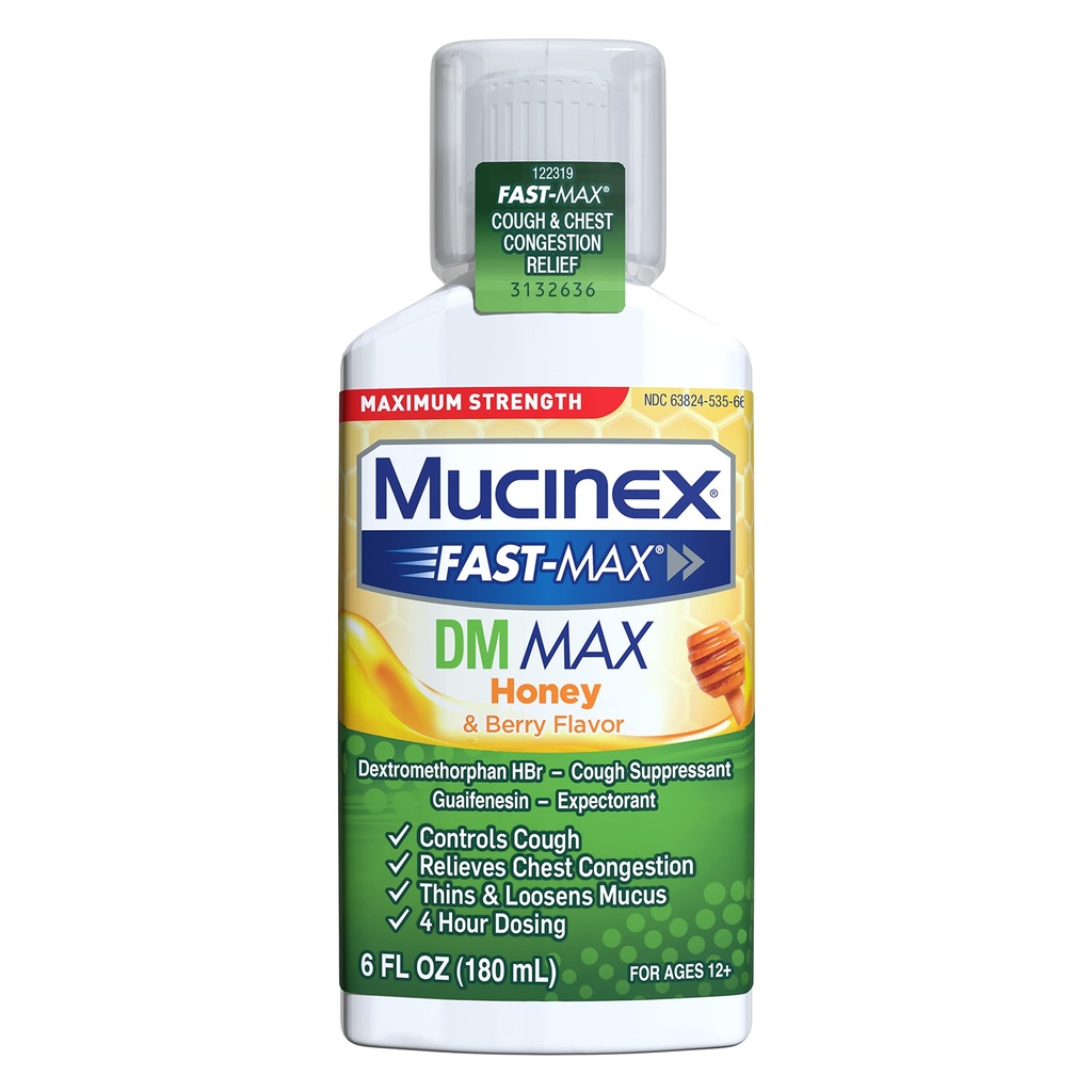 Mucinex Fast-Max Máxima Força DM MAX, alívio de sintomas, supressivo de tosse e expectorante, mel & Berry Flavor, 6 FL OZ