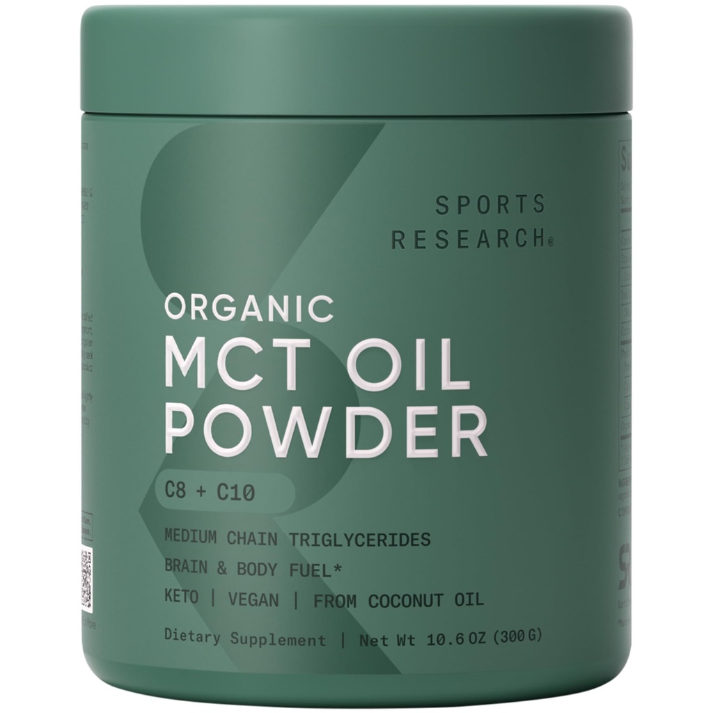 Esportes Pesquisa Organic MCT Oil Powder - Keto & Vegan MCTs C8, C10 de Coconuts - Fatty Acid Brain & Body Fuel, Non-GMO & Gluten Free - Sem sabor, Perfeito em café, Chá & Protein Shakes - 10.6 oz