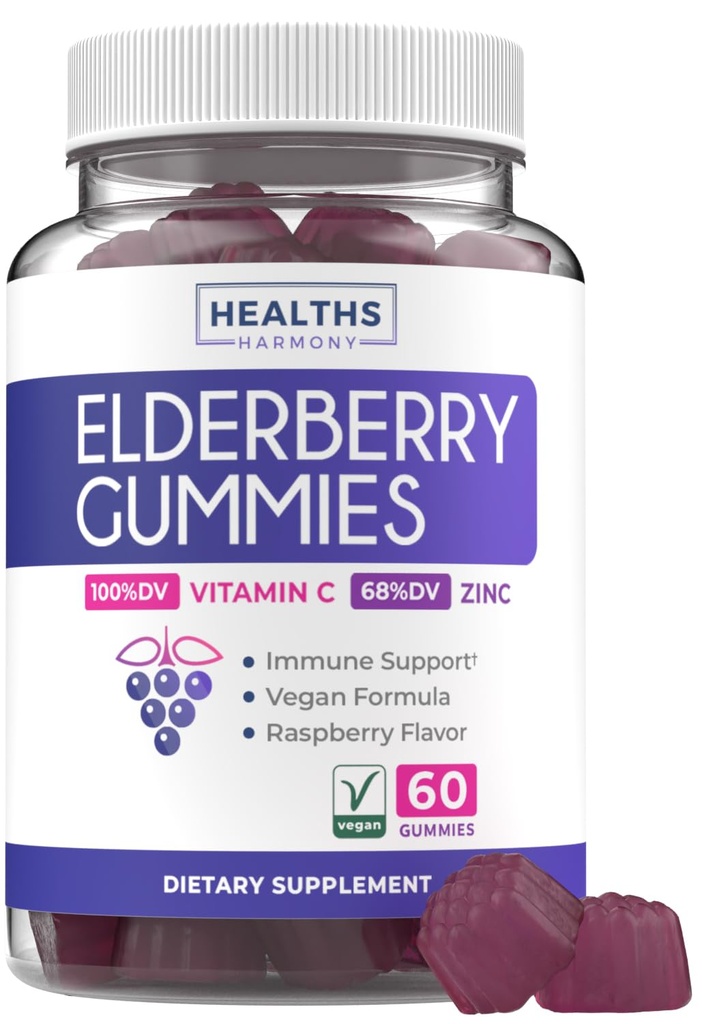 Sambucus Vegan Elderberry Gummies para Adultos - Black Elderberry Vitamina C e Zinc Gummies para Bem-Estar Diário e Sazonal - Delicioso e Nutritivo Imune Suporte Gummy (1 Mês de fornecimento)
