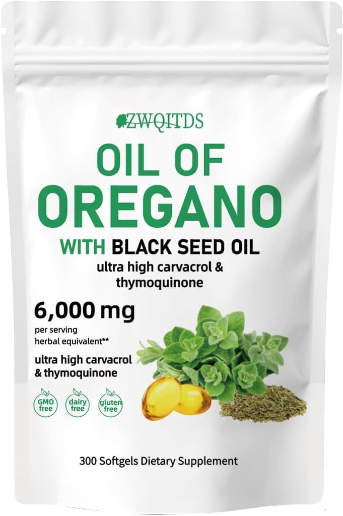 Óleo de Orégano com óleo de semente preta 2-em-1 Softgels 6000mg 300 Count Non-GMO Imune Support Fórmula de ervas
