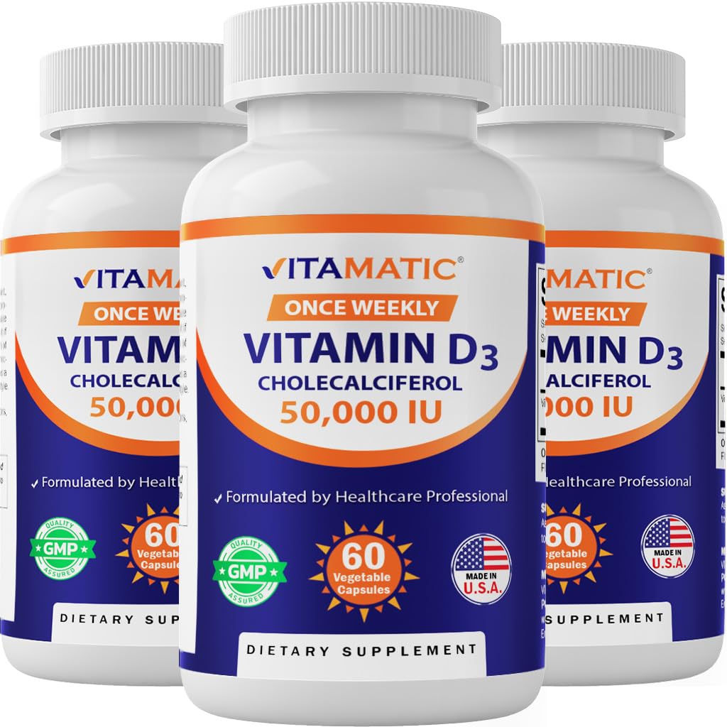 Vitamatic 3 Embalagem Vitamina D3 50.000 UI (como Colecalciferol), Uma Vez por Semana, 1250 mcg, 60 Cápsulas Veggie 1 Ano Abastecimento, Fórmula Progressiva Ajudando Deficiências Vitamina D