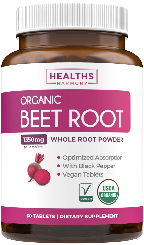 USDA Beterraba Orgânica Raiz em Pó (60 Comprimidos) 1350mg Beterraba por Serviço com Pimenta Preta para Absorção Extra - Super Antioxidante e Nitrato Suplemento para Desempenho Atlético e Stamina- Sem Cápsulas