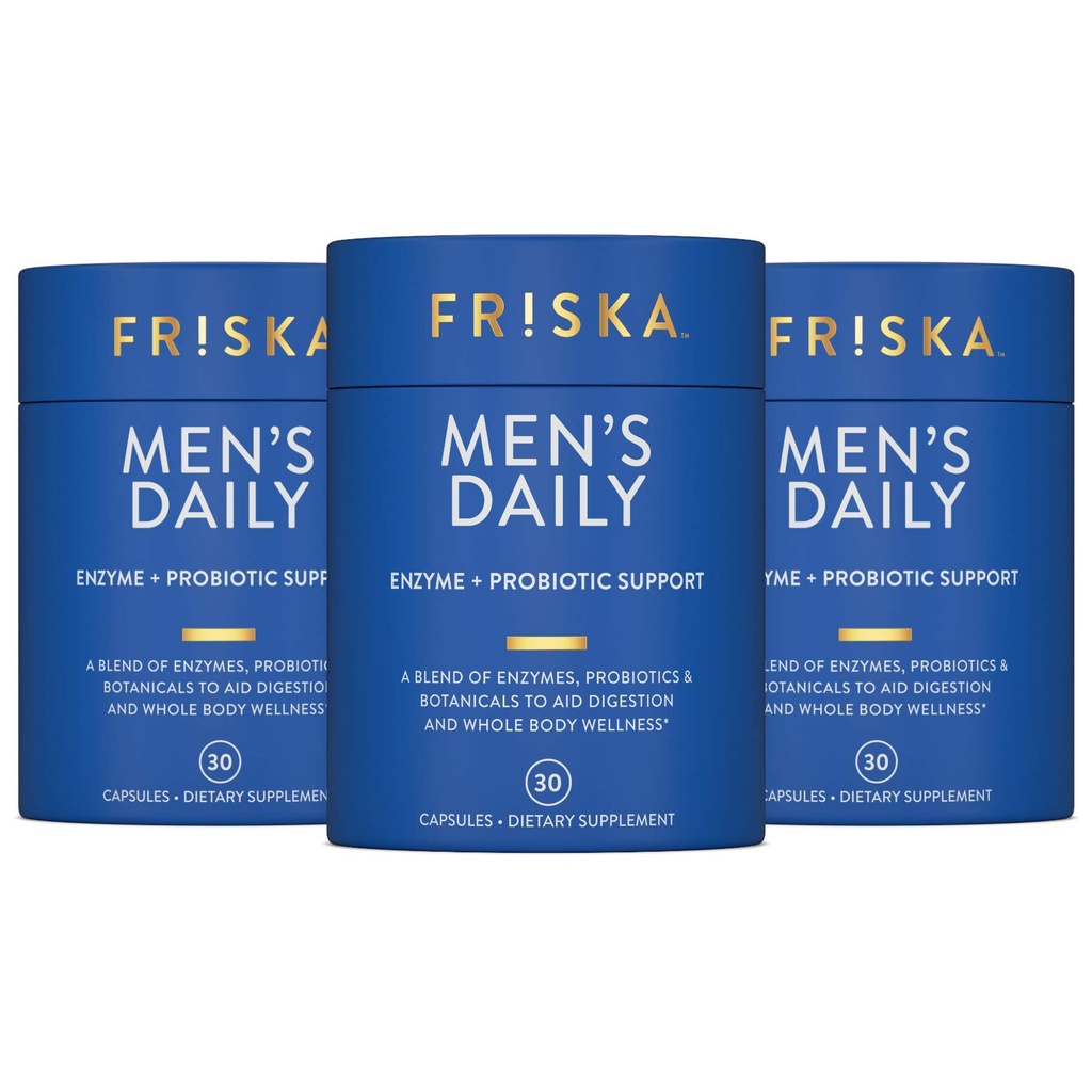 FRISKA Digestive Enzima Digestiva e Probióticos Suplemento masculino, Apoio Natural para a Saúde Digestiva Masculino, Bloating, Gás, Alívio de indigestão, Suporta Gut Saúde, Lactase e B-Vitaminas, 90 Cápsulas