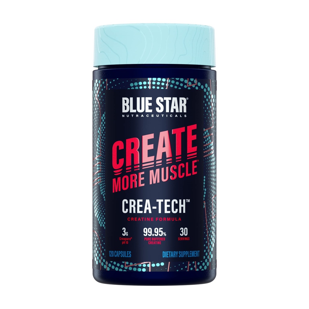 Nutracêuticos Estrela Azul CREA-TECH - Creatina Criatura Mono-hidratada - w/Electrolytes. Creatina + Eletrolíticos Cápsulas - Construir músculo e aumentar a força - 120 Veggie Cápsulas