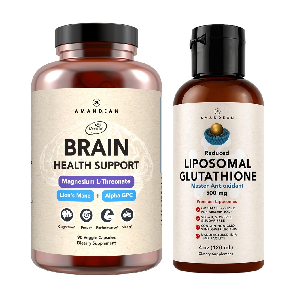 AMANDEAN Premium Suplemento de Saúde do Cérebro e Pacote de Glutationa Lipossômico. Fórmula Tripla com L-Threonato de Magnésio, Mane 6:1 do Leão Orgânico dos EUA-Grown, e Alpha-GPC. Cognição de Suporte, Foco &