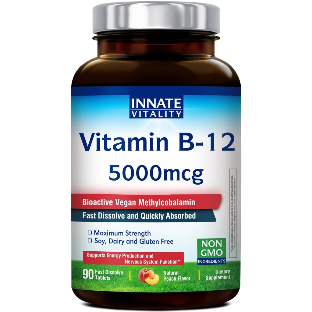 Vitalidade inata Vitamina B12 5000mcg, Sublingual, Vegan Metilcobalamina, Comprimidos de dissolução rápida, Sabor de pêssego natural, Suporta produção de energia e sistema nervoso saudável, 90 Comprimidos