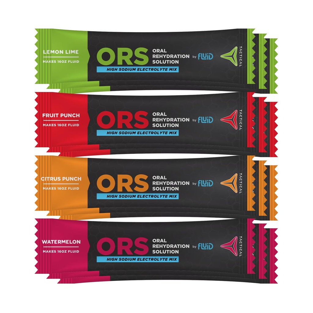 Fluid Tactical - ORS (Solução de Reidratação Oral), Recupere mais rápido, Eletrólitos de Desidratação Extrema, 12pack (4 Flavor Variety Pack)