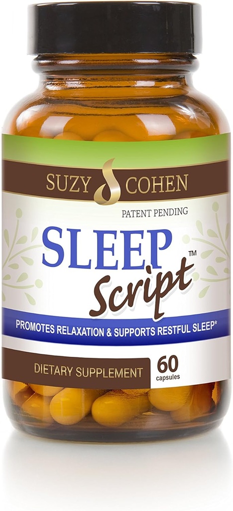 Suzy Cohen Sleep Script com Melatonina - Fórmula Botânica de Sono e Relaxamento para Adultos para Mood, Stress e Sleep, Contém 5-HTP, L-theanina, Passionflower, Lemon Balm e GABA 60 Cápsulas.