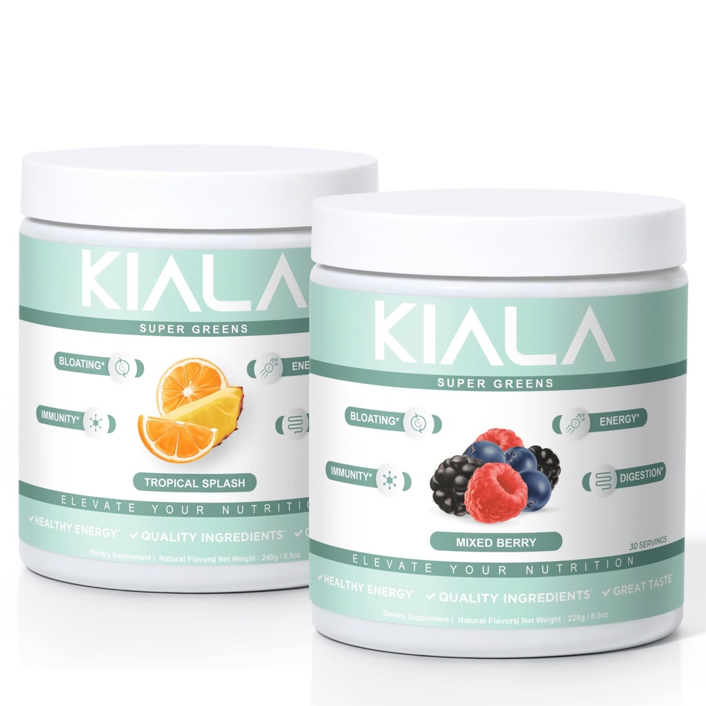 Kiala Nutrição Super Verdes, Verdes Orgânicos em pó, espirulina e chlorela Superfood em pó, Açúcar & Gluten Free Vegan, Spectra Mistura, Lixeira tropical, Misturado Berry 2 Pack