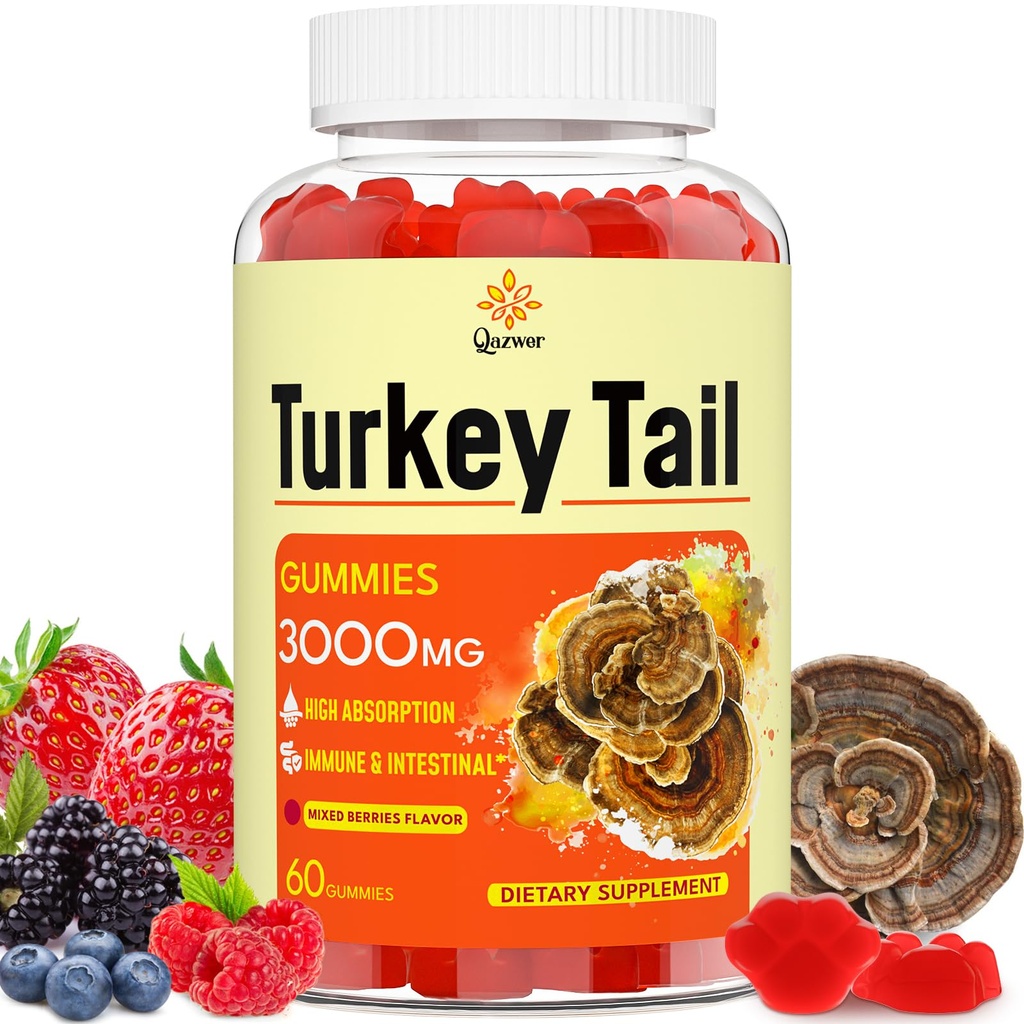 Peru Tail Mushroom, Turquia Tail (100% Fruiting Body, 40% Beta Glucans) adicionar pimenta preta, gomas de cogumelos para Gut, Energia, Cérebro & Imune Suporte, Bagas mistas sabor Vegan, Não-GMO, 60ct