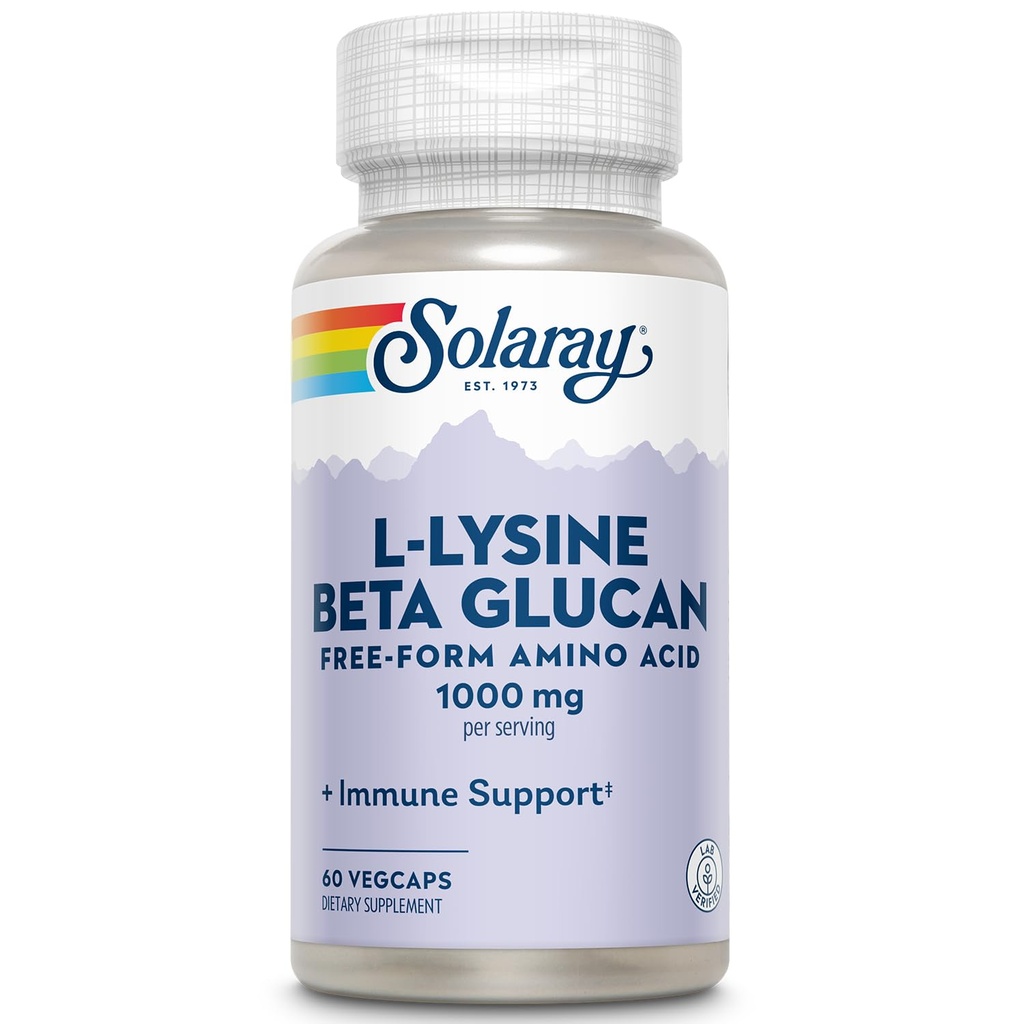 SOLARAY L-Lysine com Beta Glucan, Aminoácido de Forma Livre, L-Lysine 1000mg Cápsulas, Suplemento de Suporte Imune, Suporte de Pele Saudável e Lábios, Garantia de 60 dias, Lab Verificado, 30 Servings, 60 VegCaps