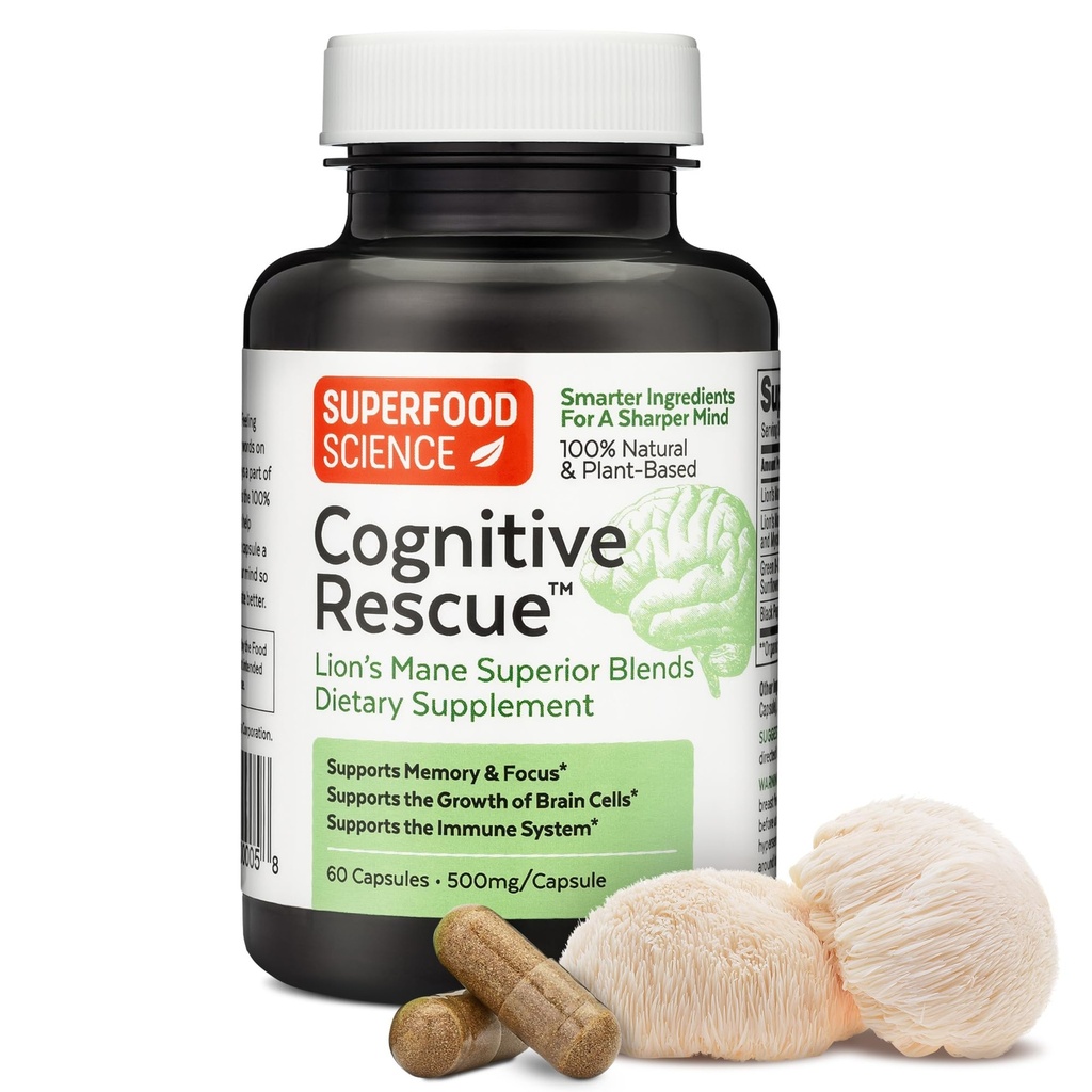 Resgate Cognitivo, Cápsulas de Cogumelo de Mana de Leão w/ Extrato de Mana de Leão, Nootrópicos, Suplemento Cérebro para Memória e Foco, Suporte Imune de Cogumelo w/ B Complexo Vitaminas, BioPerine, 60 cápsulas