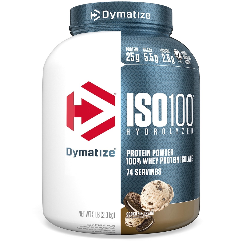 Dymatize ISO100 Whey Protein Powder Isolate, Cookies & Creme, 25g de proteína, 5 libras, 5,5g BCAAs, Menos de 120 Cal., Gluten Free, 1g de gordura, 1g de açúcar, 2g de carboidratos (74 Servings)