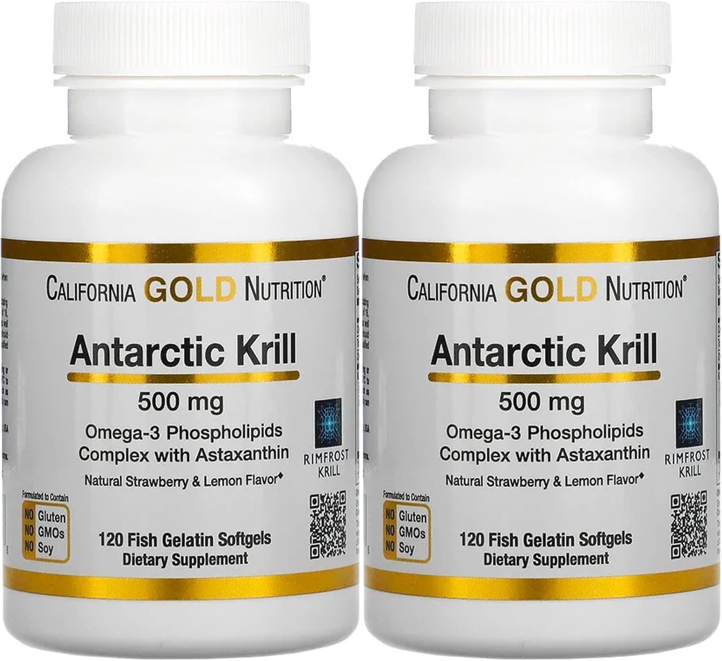 California Gold Nutrition Antártico Krill Oil, ultra-alto Omega-3 com astaxantina, morango natural e limão sabor, não OGM, sem glúten, 500 mg, 120 Gelatina de peixe Softgels, 2 Pack