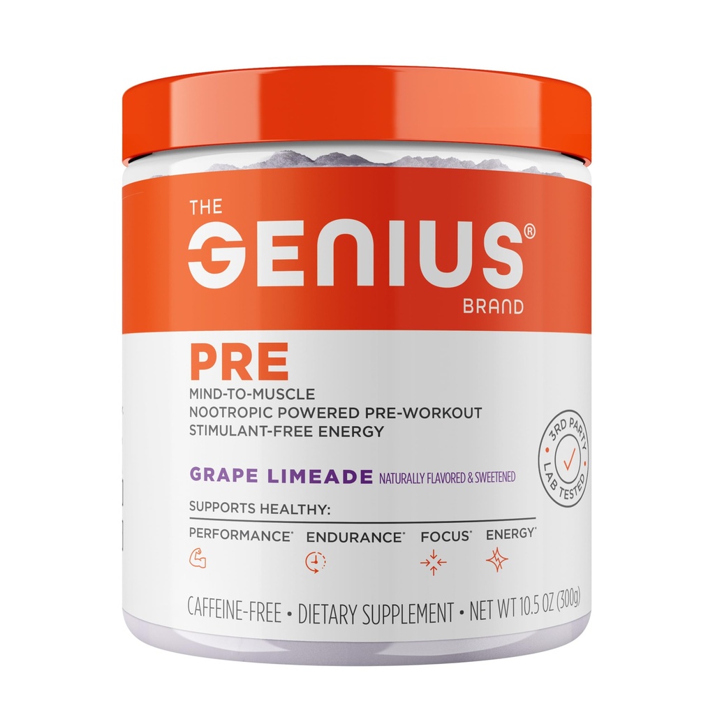 Gênio Pré-Cafeína-Free Pré-treino Boosted Energy, Focus, Performance Nootropic Formula AlphaSize, Citrulina Malate, CarnoSyn Beta Alanine Endurance, Stamina, Recovery, 20 Servings - Grape Limeade