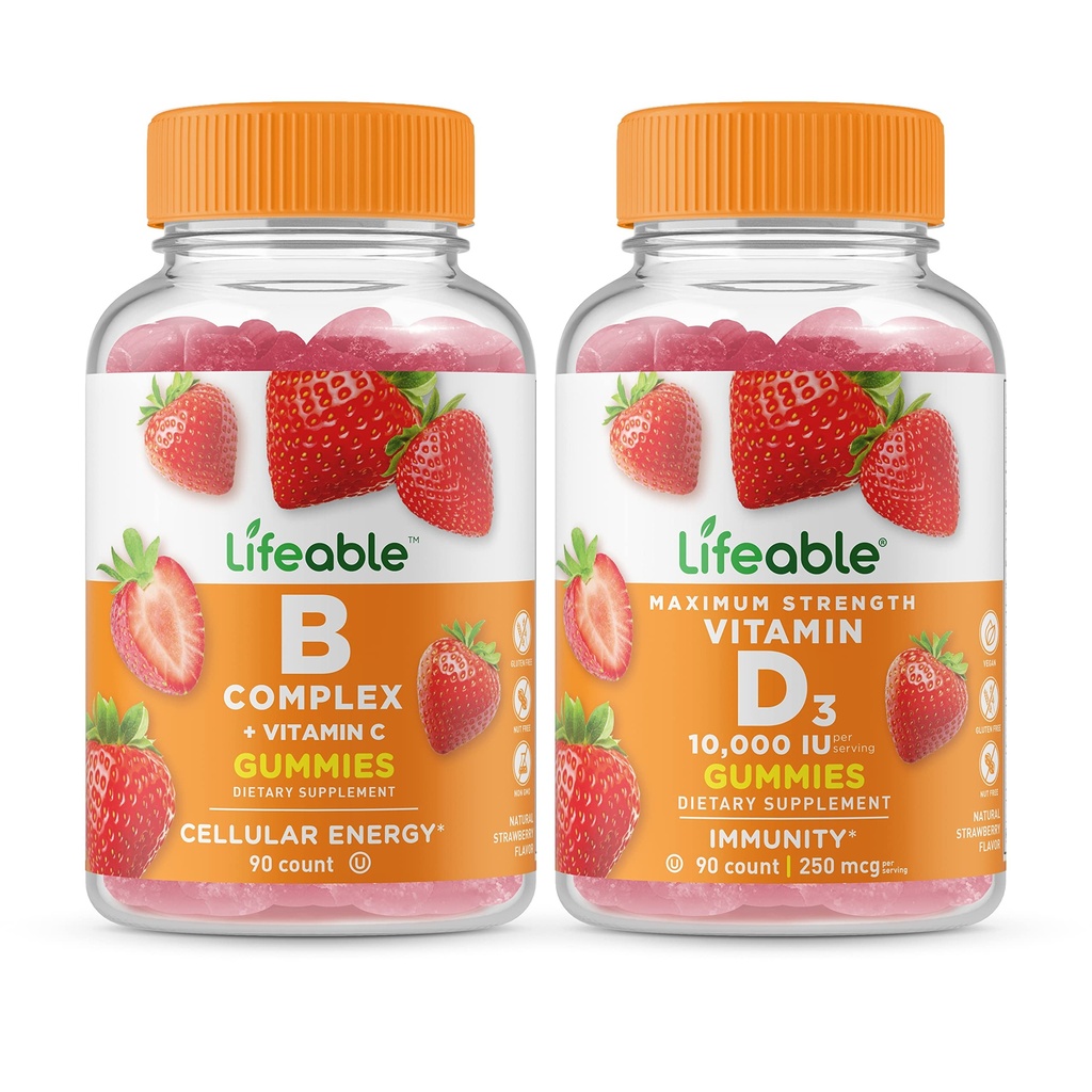 Complexo B viável + vitamina D 10000 UI, chicletes Bundle - Grande degustação, Suplemento de vitamina, Gluten Free, OGM grátis, mastigável