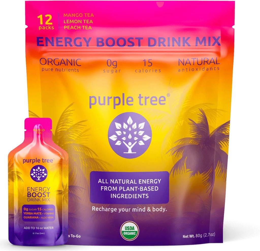 Purple tree Organic Energy Stick Packets – Zero Sugar, 80mg Cafeína Natural de Yerba Mate & Guaraná, com B12 Vitaminas para Energia Suave, Livre de Acidentes – Lemon Iced Tea Flavor, 12 pacotes para viagem