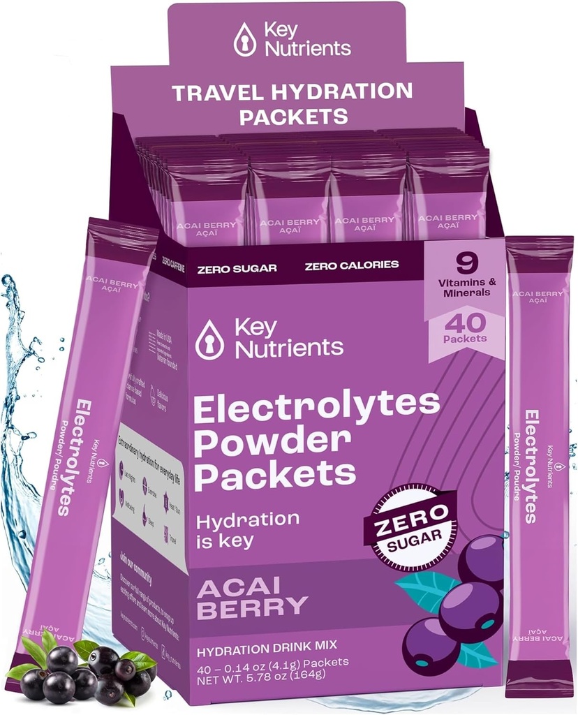 KEY NUTRIENTS Multivitamin Electrolytes Powder Packets - Delicious Acai Berry 40 Pack Hydration Packets - Travel Hydration Powder - Sem açúcar, Sem calorias, Gluten Free - Made in USA