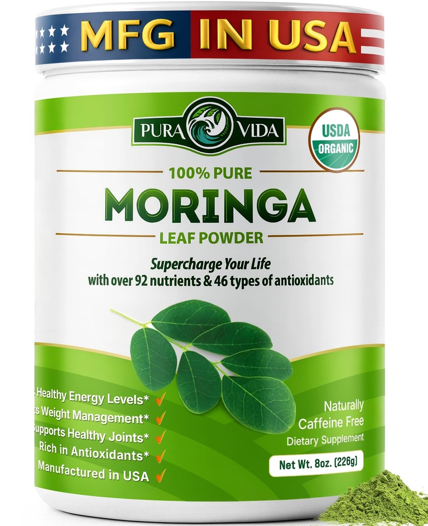 PURA VIDA MORINGA Pó Orgânico Único Origem - Pó de Folha 100% Premium, USDA Orgânico Moringa Oleifera, Moringa Pó de Folha - Perfeito para smoothies & Receitas. 8 oz.