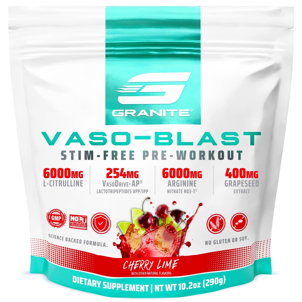 Suplementos de granito Vaso Blast, sabor de cal de cereja, pré-treino sem estímulo para homens e mulheres com extrato de uva, nitrito de arginina, & VasoDrive-AP para Max Pump (20 Servings)