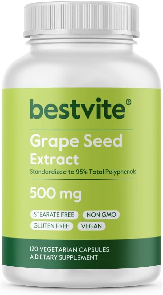 BESTVITE Extrato de Sementes de Uva 500mg (120 Cápsulas Vegetarianas) - Sem Estearatos - Padronizado a 95% Polifenóis