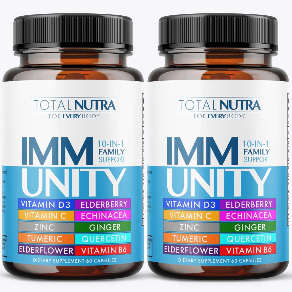 10-In-1 Imune suplemento de suporte: Imune Boosters para adultos e crianças diariamente Imunidade defesa com vitaminas do sistema imunológico chave Zinco, vitamina C e D, além de Elderberry, Quercetin, Echinacea & More, 60 Caps