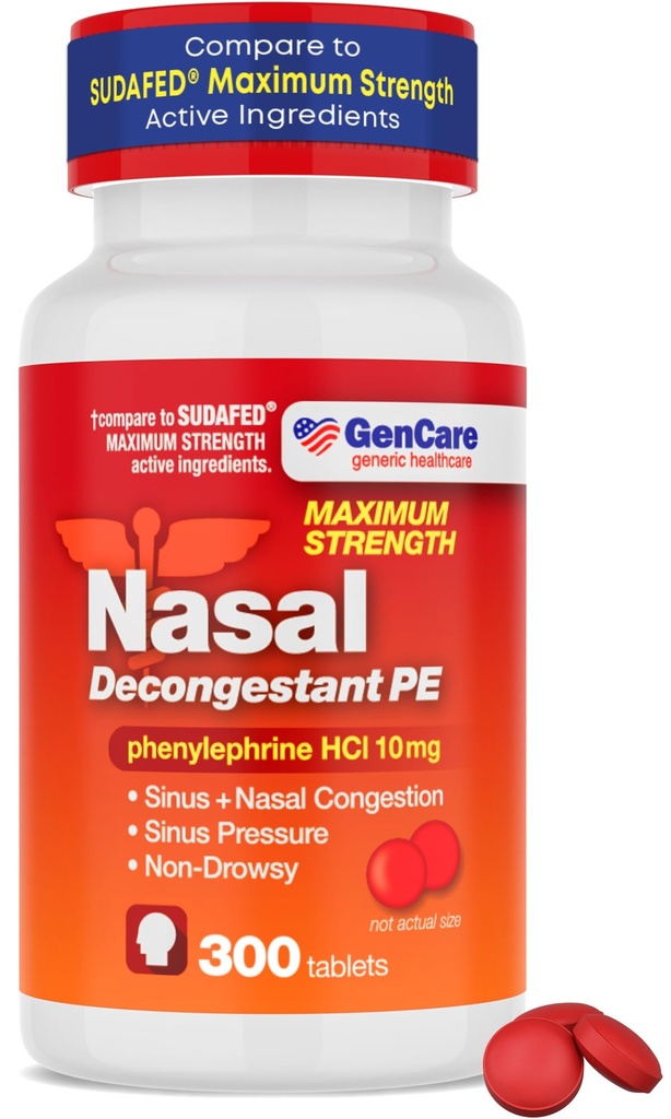 GenCare - Descongestionante nasal (10mg Comprimidos) HCl de fenilefrina (300 comprimidos por garrafa)