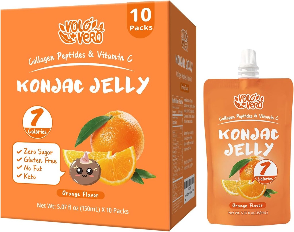 Konjac Jelly Pouch sabor laranja potável, baixas calorias (7 Kcal), 10 pacotes, sem glúten, Keto, Açúcar livre, Baixo carboidrato, Vitamina C Snacks frutas saudáveis, Presente de férias