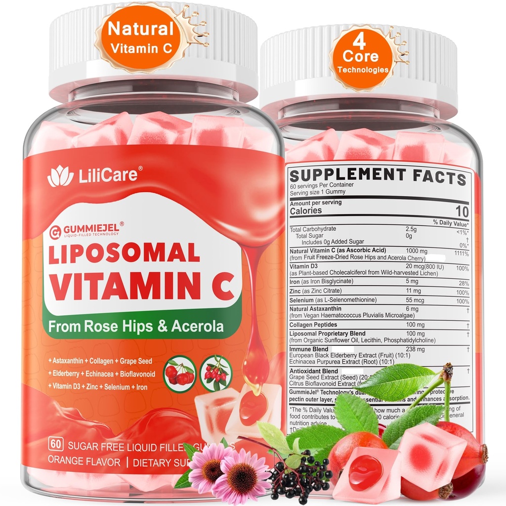 Vitamina C lipossomal natural 1000mg Gummies para adultos e crianças 9+, Vitamina C mastigável w/ 11mg Zinc, D3, Elderberry, Echinacea, , Bioflavonoid, Suporte imunológico, Vit C de alimentos inteiros de frutas, Açúcar livre