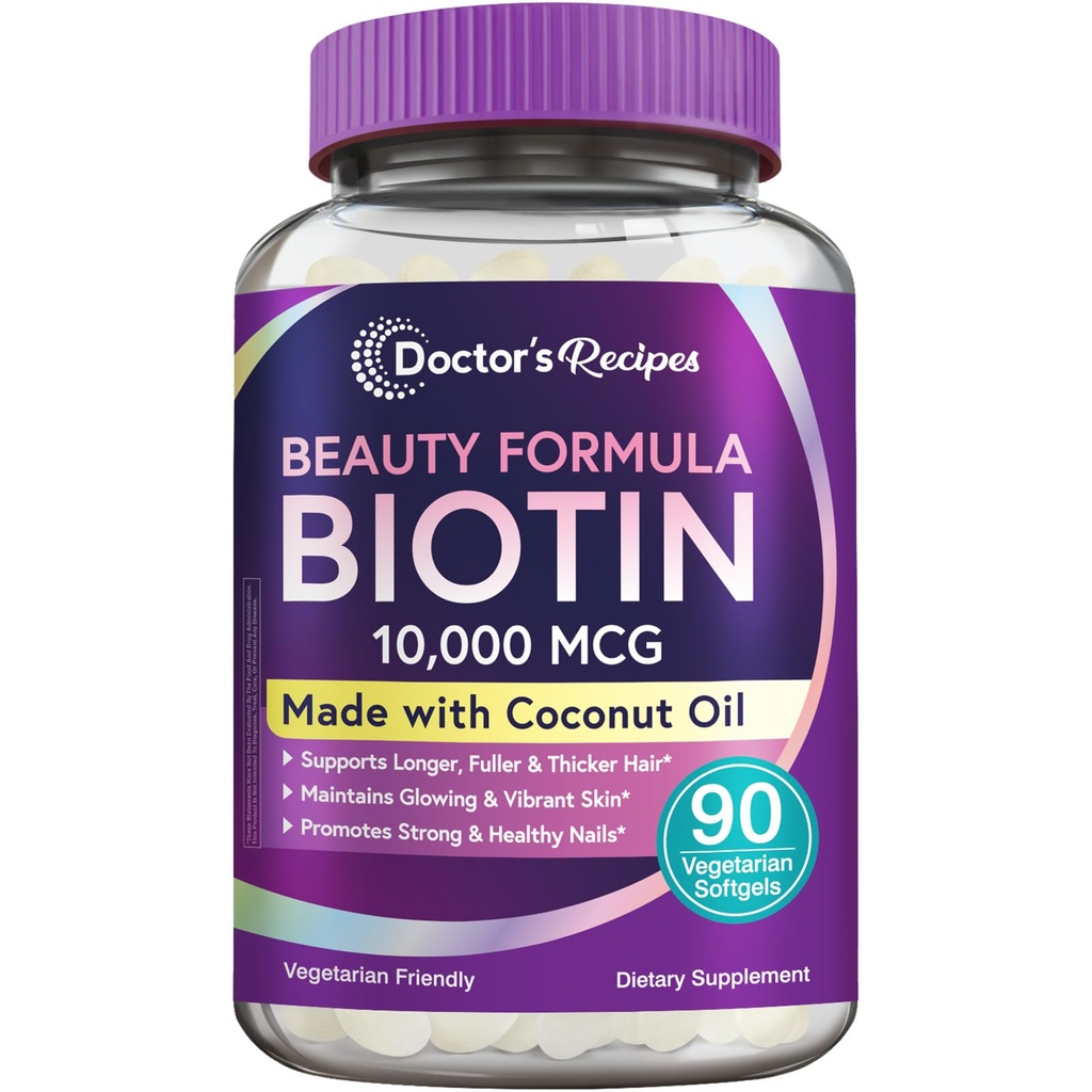 Receitas médicas Biotin 10.000 mcg, Crescimento do cabelo, Pele saudável & unhas, Metabolismo de energia, Vegetarian-Friendly Biotin, com óleo de coco, Não-GMO, 3 Mês de fornecimento, 90 Vegetarian Softgels