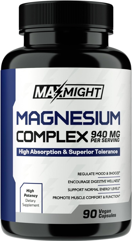 Complexo de magnésio, 210 mg Magnésio Elemental, Glicinato, Citrato e Malato, Não-GMO, Absorção Máxima, Músculo, Humidade, Energia, 90 Cápsulas Vegan
