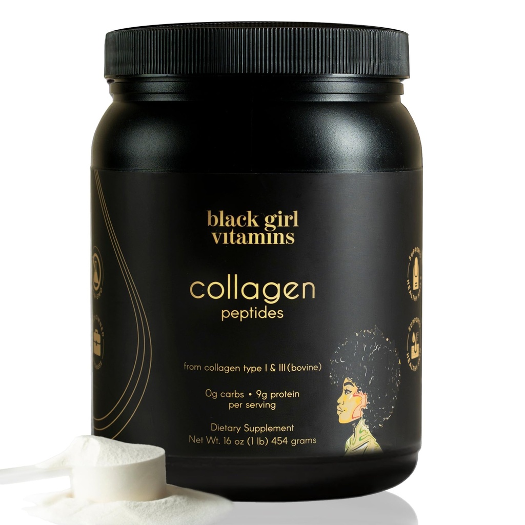 Vitaminas de menina preta - Colágeno para pele, cabelo e unhas - Pó de colágeno hidrolisado não aromatizado, sem leite, sem glúten para mulheres e homens - 16 onças