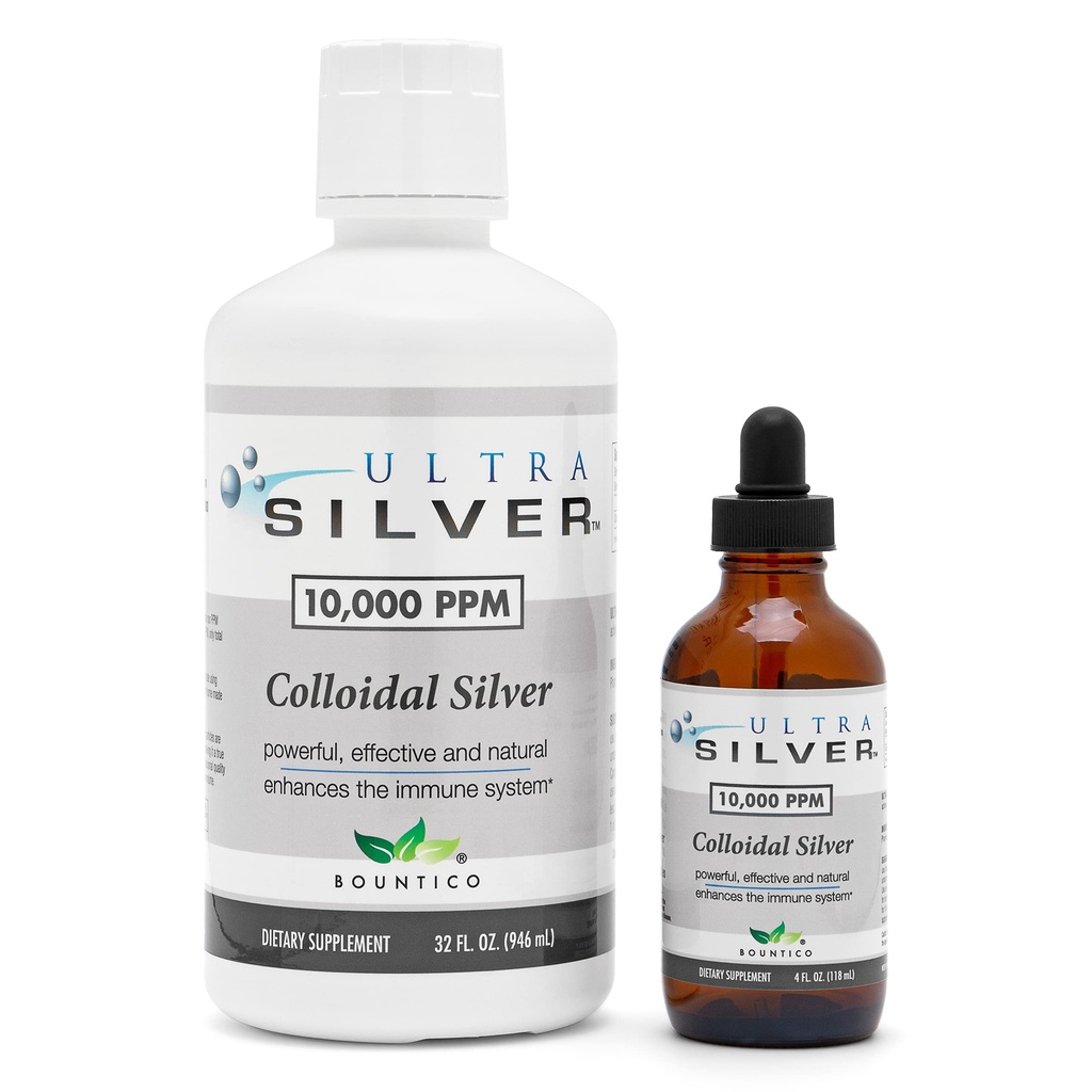 Ultra Silver® Colloidal Silver □ 10.000 PPM, 32 Oz (946mL) □ Suplemento Mineral □ Verdadeiro Colloidal Silver - 4 oz Dropper Bottle (Empty) Incluído para dispensação!