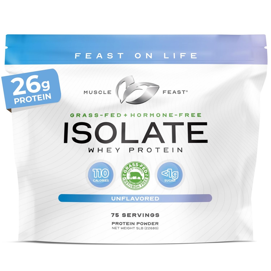 Festivais musculares Whey Feed proteína isolate, todos os hormônios naturais livres Pastura criada, Whey isolate proteína pó para homens e mulheres, limpo, não-GMO e sem glúten, isolado proteína - sem sabor, 5lb