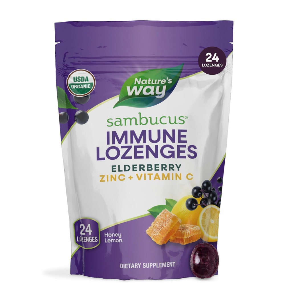 Maneira da natureza Sambucus Zinc Lozenges com Elderberry e vitamina C, mel limão sabor, 24 Lozenges