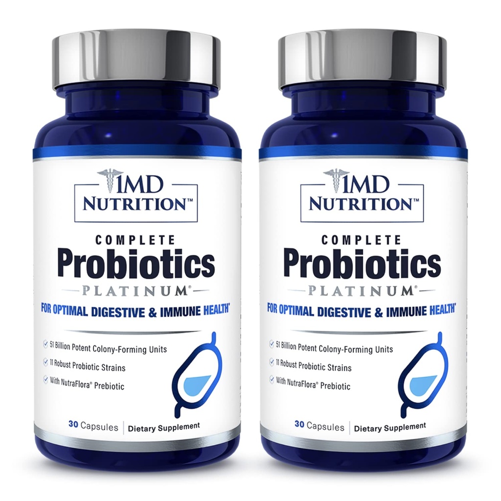 1MD Probióticos Completo Platinum Suporta Saúde Digestiva com Prebióticos de Nutrição, 51 bilhões ao vivo UFC, 11 strains, Dairy-Free ou 30 cápsulas vegetais (2-Pack)
