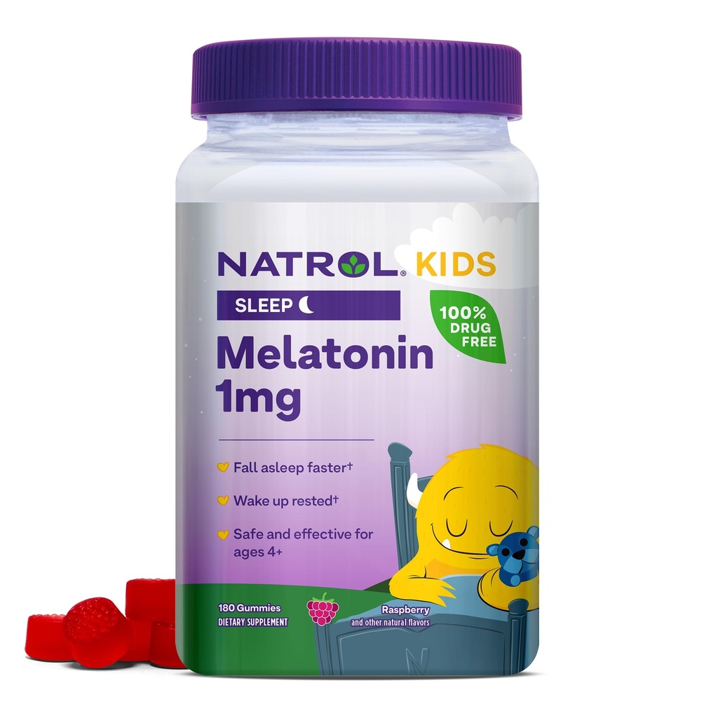 Natrol Kids Melatonin 1 mg, Suplemento dietético para sono descansado, pastilhas de melatonina para crianças, 180 gomas de framboesa, até um fornecimento de 180 dias