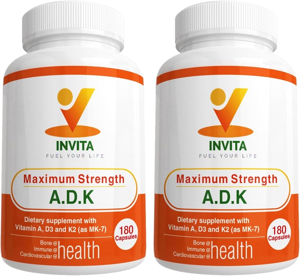 INVITA ADK - Vitaminas A1, Vitamina D3 5000 UI & K2 Suplemento MK7 - Apoio ao Sistema Ósseo e Imune Formulado Médico - Cápsulas Vegetarianas Sem Glúten, Não-GMO - 180 para Homens e Mulheres