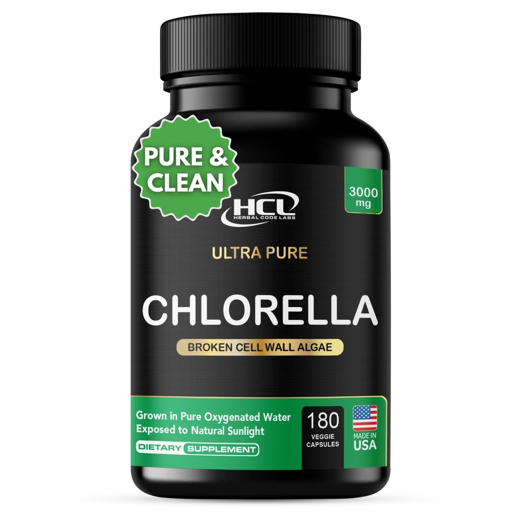 Cápsulas de chlorela 3000 mg - Célula rachada Parede Azul Verde Algas Suplemento - Melhor Detox Natural Limpeza - Planta Vitaminas Minerais Chlorophyll Vegan Protein Powder Pills - Made in USA