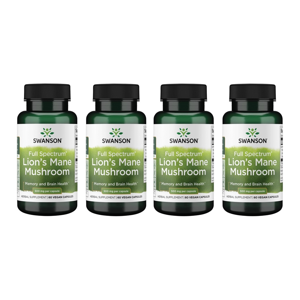 Swanson Full Spectrum Mane Mushroom - Suplemento de saúde cerebral para apoiar a memória, foco e clareza* - Pode também ajudar Imune, coração e saúde digestiva - Gluten-Free & Non-GMO - 60 cápsulas (4 Pack)