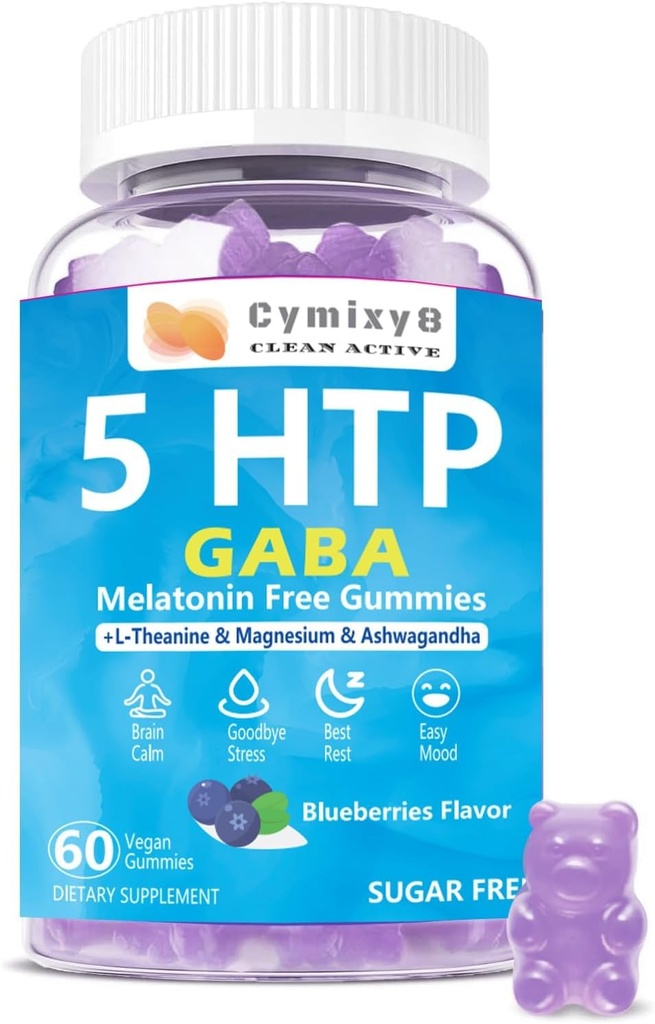 5-HTP GABA Gummies Mistura 1700mg, Pastilhas calmas sem açúcar com L Theanina, Magnésio, Ashwagandha, Omega-3-6-9, Vitamina D3,B6 para Zzzs naturais, Humor, Cérebro-calma, Blueberry Flavor 60Count