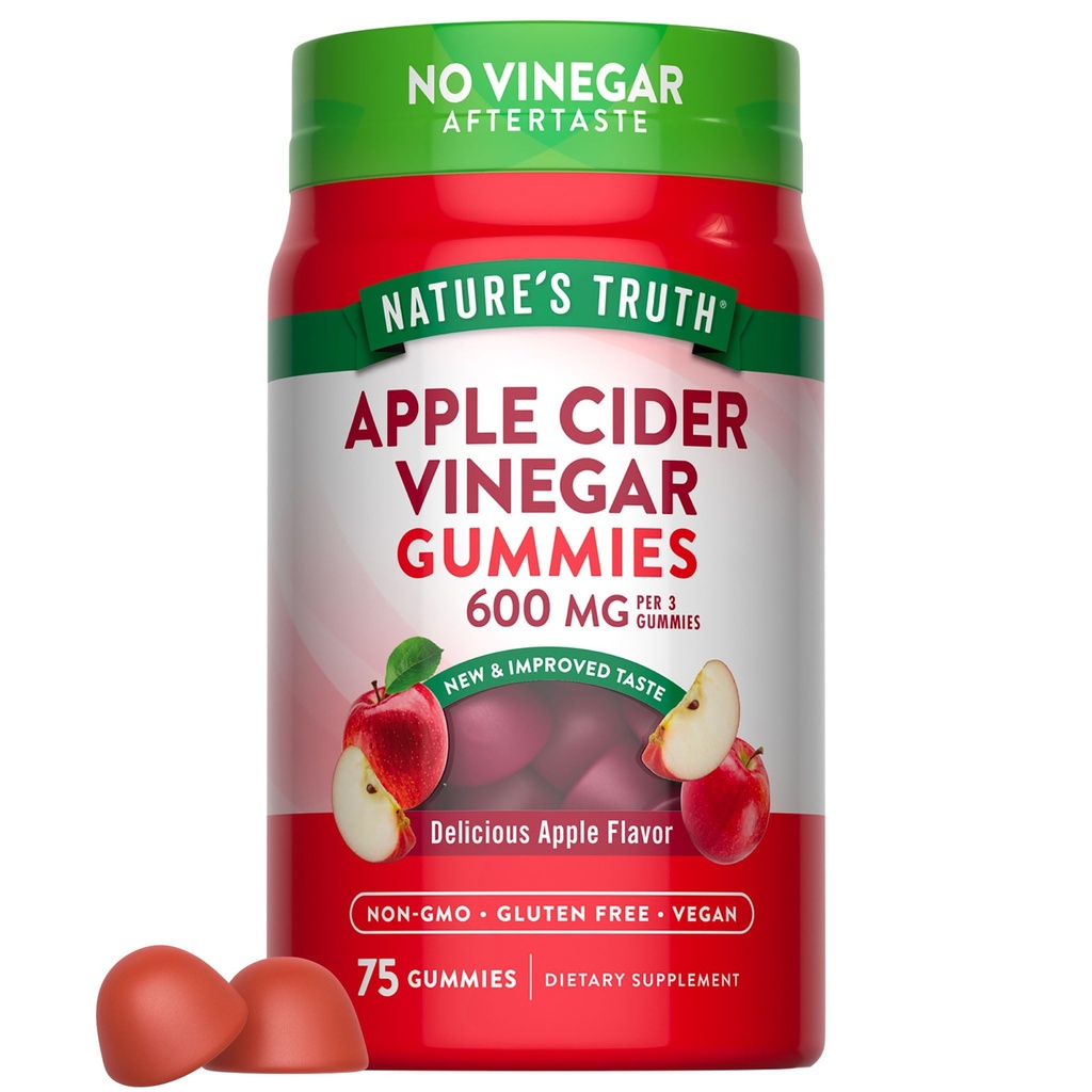 Nature's Truth Apple Cider Vinagre Gummies 600 mg • 75 Gummies • Apple Flavor Vegan, Não-GMO, Suplemento sem glúten