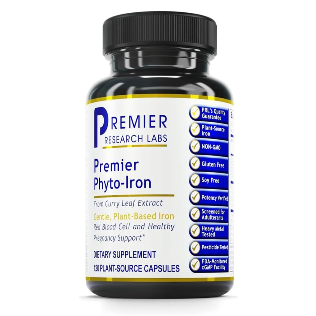 Premier Research Labs Phyto-Iron - Ferro baseado em plantas para homens e mulheres para apoio ao sangue, Curry Leaves Suplemento, Suplementos de ferro, Ferro não Heme, 18mg Ferro por serviço - 120 Cápsulas vegetarianas
